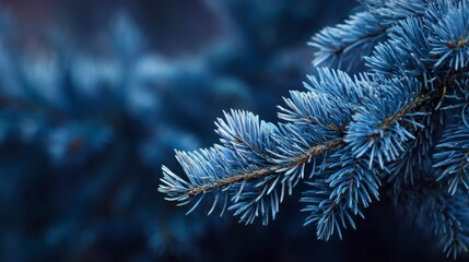 Closeup shows a branch of a blue spruce its needles a frosty blue against a blurred dark background