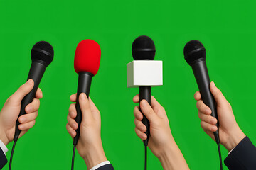 Hands holding microphones press conference, green screen chroma key background, media interview journalism concept, news reporting broadcast communication, political speech announcement, public relati
