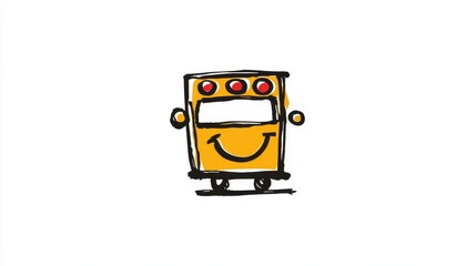 Cartoon bus with smiling face in bold outline simple flat design, educational children drawing illustration isolated on white background.