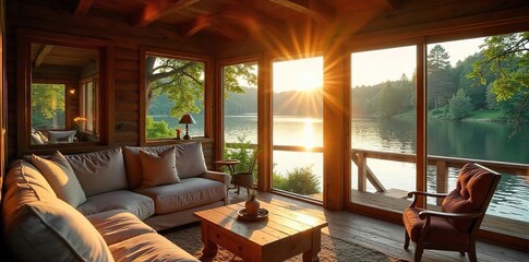 Fototapeta premium Lakeside Cabin Golden Hour Stunning Views & Cozy Interior Perfect Summer Getaway