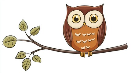 Cartoon owl with big eyes sitting on branch in bold minimal outline design, educational children illustration isolated on white background.