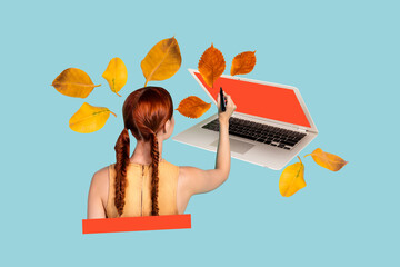 3D photo collage template trend sketch of young woman back hand hold marker write display laptop...