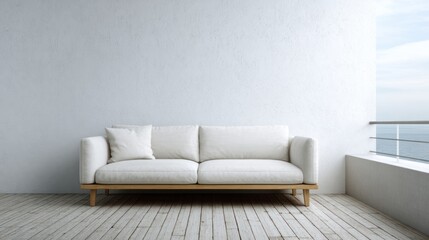 Fototapeta premium A modern, minimalist living space featuring a light beige sofa against a pale neutral wall, bathed in soft natural light, overlooking a tranquil ocean view.