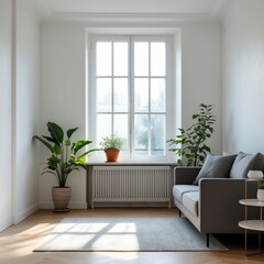 Bright and Airy Minimalist Living Room with a Large Window, Potted Green Plants, and a Comfortable Gray Sofa Under Soft Natural Sunlight