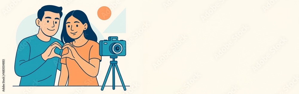 Poster couple posing for a photo making heart shape with hands in front of camera on tripod, minimal flat d