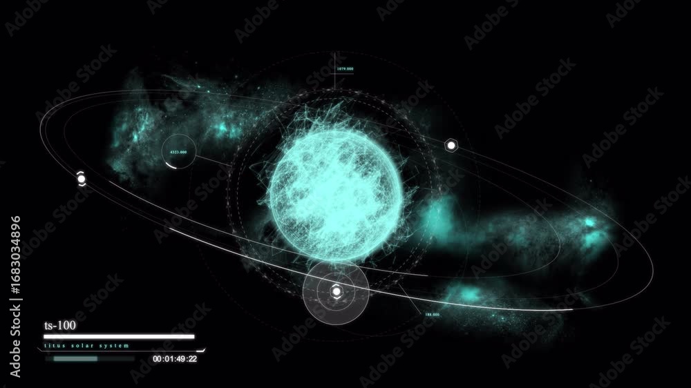 Poster dynamic futuristic solar system data visualization: glowing abstract star, orbital paths, and digita