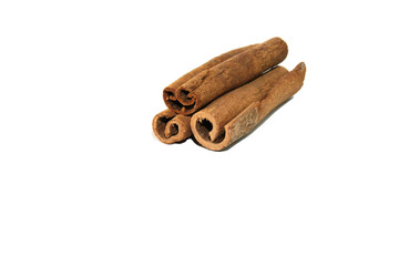 Three cinnamon sticks placed on a clean white background.