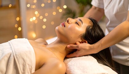 A woman receiving a relaxing neck massage in a spa setting. Soft lighting and a blurred background create a serene atmosphere