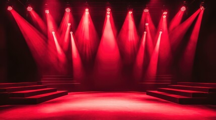 Stage bathed in brilliant red light beams in a performance