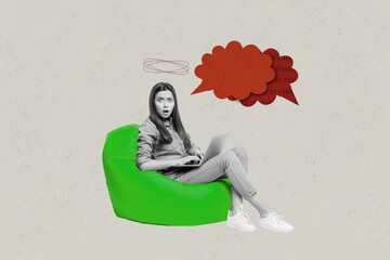 Composite zine pop trend collage of happy girl guy stand colorful bubble communication speech chatterbox notification cloud