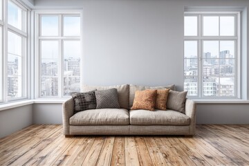 Fototapeta premium A light-filled modern living room features a light beige sofa with patterned throw pillows, situated in front of large windows showcasing a cityscape view.