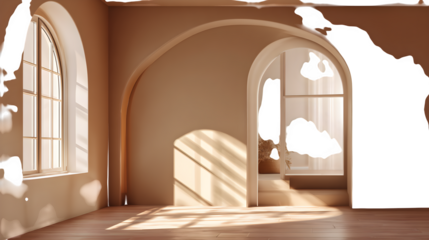 Minimalist interior with arched doorways, isolated on transparent background