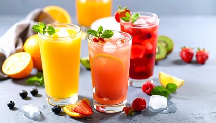 Vibrant arrangement of fruit-infused beverages in glasses surrounded by fresh strawberries blueberries raspberries citrus kiwi and mint on dark background for healthy eating and summer refreshment the