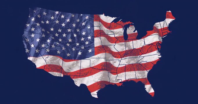 Starting loop showing United States map waving on dark blue background with American flag overlay - Powered by Adobe