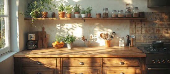 Sunlit rustic kitchen counter with wooden cabinets, herbs, and cooking utensils.