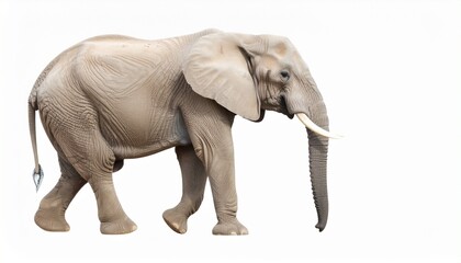 Majestic adult elephant standing on dry rocky terrain with ears spread and tusks visible against bright white sky for wildlife photography and nature themes