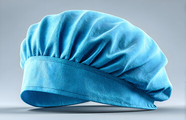 A close up studio shot of a bright blue disposable surgical cap with a textured fabric and elastic band for hygiene and protection