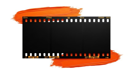 An empty 35mm film strip border, deep black with perforations & film markings, centrally framed by vibrant, impasto orange brush strokes on a transparent background. Modern graphic design concept