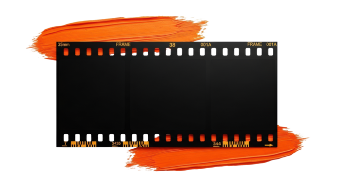An empty 35mm film strip border, deep black with perforations & film markings, centrally framed by vibrant, impasto orange brush strokes on a transparent background. Modern graphic design concept