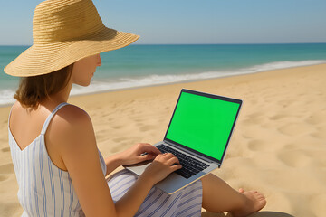 Woman with straw hat using laptop on beach, green screen mock up computer display, summer freelance work travel concept, chroma key blank screen digital nomad lifestyle, remote business job online con