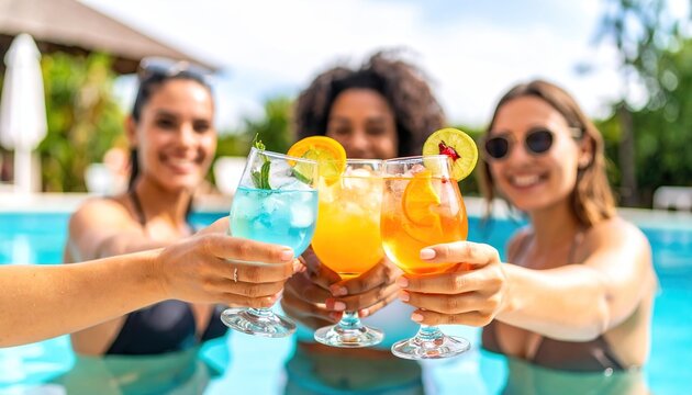 women toasting with cocktails while relaxing on summer day at the pool 