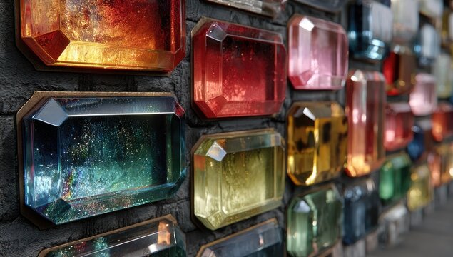 Colorful gems set in a stone wall