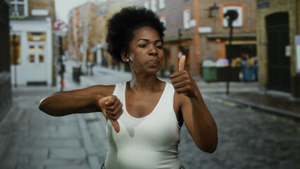 Woman giving thumbs up and down on a city street, conveying mixed emotions outdoors with an urban...