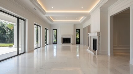 Fototapeta premium A spacious, modern interior featuring marble floors, large windows, and elegant architectural details, creating a bright and airy atmosphere.