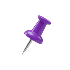 Purple push pin standing upright on a white background with a transparent cutout for various design uses