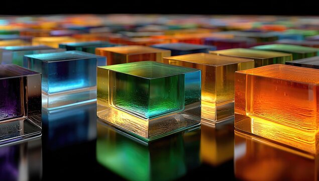 Colorful translucent cubes, various hues, reflecting on dark surface