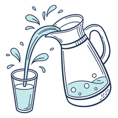 Refreshing clear water being poured from a glass pitcher into a drinking glass with splashes