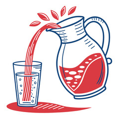 Refreshing red liquid being poured from a pitcher into a glass with bubbles and leaves