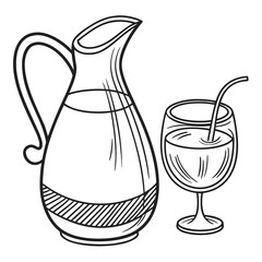 Simple black and white line drawing of a glass pitcher filled with liquid next to a glass with a straw