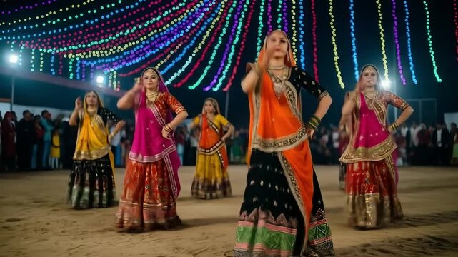 Image depicts a vibrant outdoor dance scene at night, featuring a group of women in traditional Indian attire. The women are dressed in colorful, intricately designed lehengas with elaborate patterns 