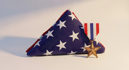 Folded American Flag with Bronze Star Medal