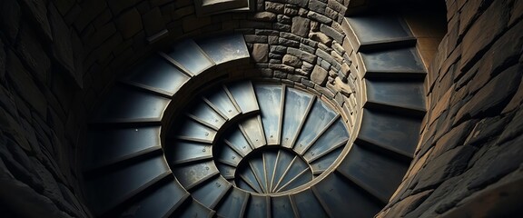 Winding stone spiral staircase in ancient castle, worn steps, dark shadows,  design,  steps