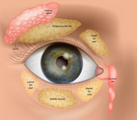 Medical illustration of the human eye anatomy showing eyelid fat pads, lacrimal gland, ducts, and lacrimal sac. This diagram highlights preaponeurotic, nasal, medial, middle and lateral fat pad