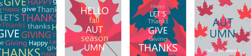 Set of trendy autumn posters, covers and cards with maple leaves of bright colors. Abstract autumn background for thanksgiving day, template for advertising, sales, websites and banner.
