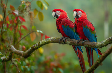 Obraz premium A pair of red and blue macaws perched on tree, parrot, bird, macaw,