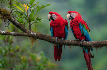 A pair of red and blue macaws perched on tree, parrot, bird, macaw,