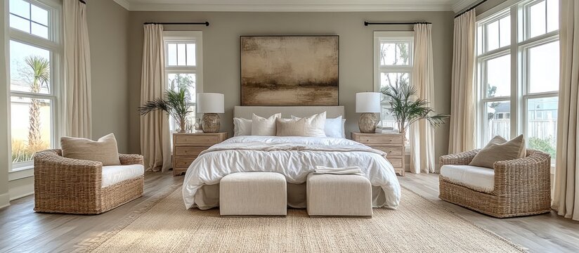 Coastal-style bedroom with king-size bed, wicker armchairs, and large windows.