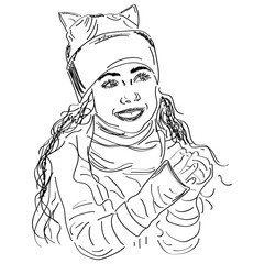 Naklejka premium Hand drawn illustration of a girl in a hat on a white background