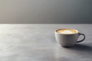 A light gray surface holds a simple white mug of latte art coffee, showcasing a delicate leaf design on the top.
