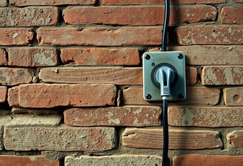 Worn brick wall, frayed electrical cable plugged into old socket, design, texture