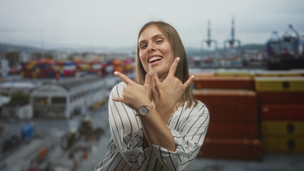 Woman makes rock horns gesture with hands at port container yard beside cargo ship and industrial crane stacks; rock fun metal.