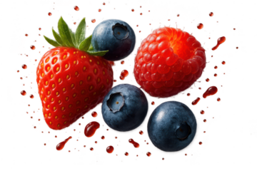 Fresh mixed berries and juice splashes on transparent background, cut-out