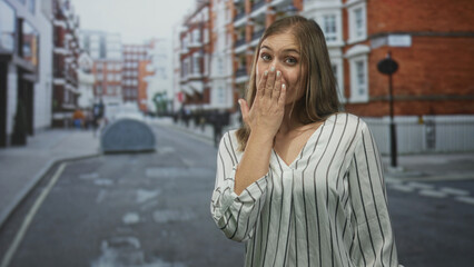 Young blonde woman covering mouth with hand on bustling city street beside brick building facade...