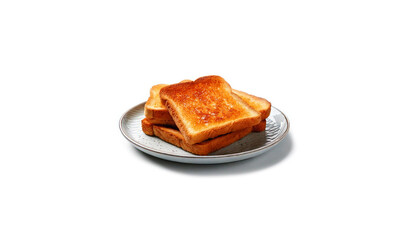 Toast bread on a plate. Pieces of white toasted bread for breakfast. Isolated on a white background.