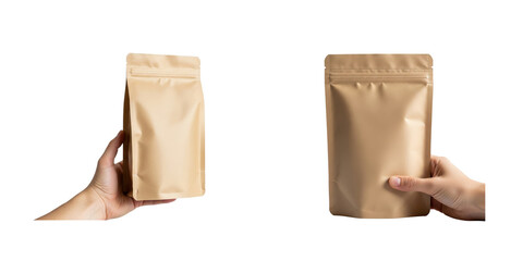 Hands holding a Kraft paper stand-up pouch packaging isolated on a white background

