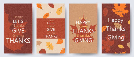 Happy Thanksgiving Day concept of card, cover, invitation set with beautiful bright autumn leaves. Modern Fall season art style design templates for flyer, ads, branding, banner, label, poster.